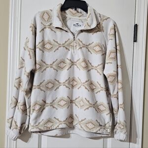 Hollister Cream and Brown Patterned Fleece Pullover